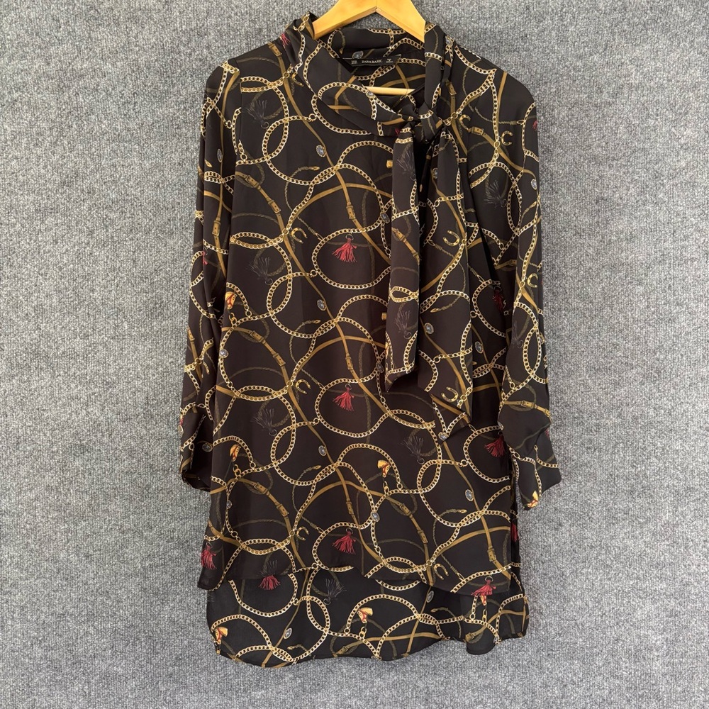 Zara Womens Equestrian Tunic Top Size XS Black Scarf Neck Horse Theme